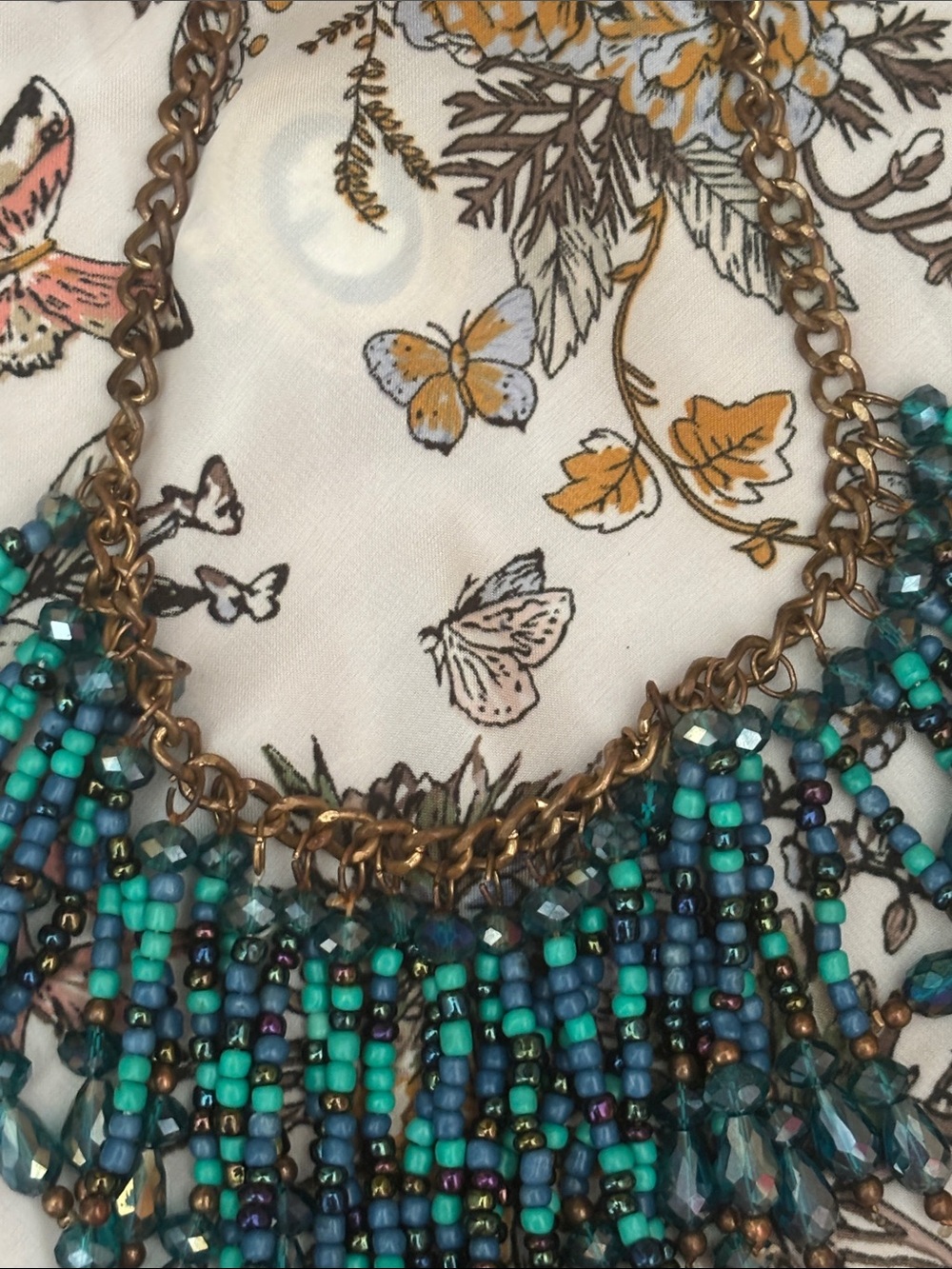 Vintage Teal Beaded Fringe Statement Necklace